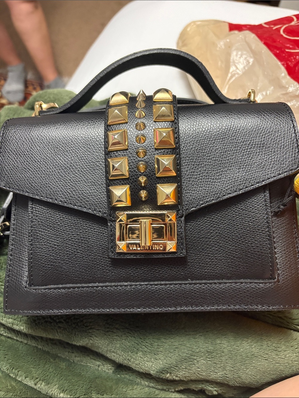 Valentino Garavani Black Satchel with Gold Stud Accents